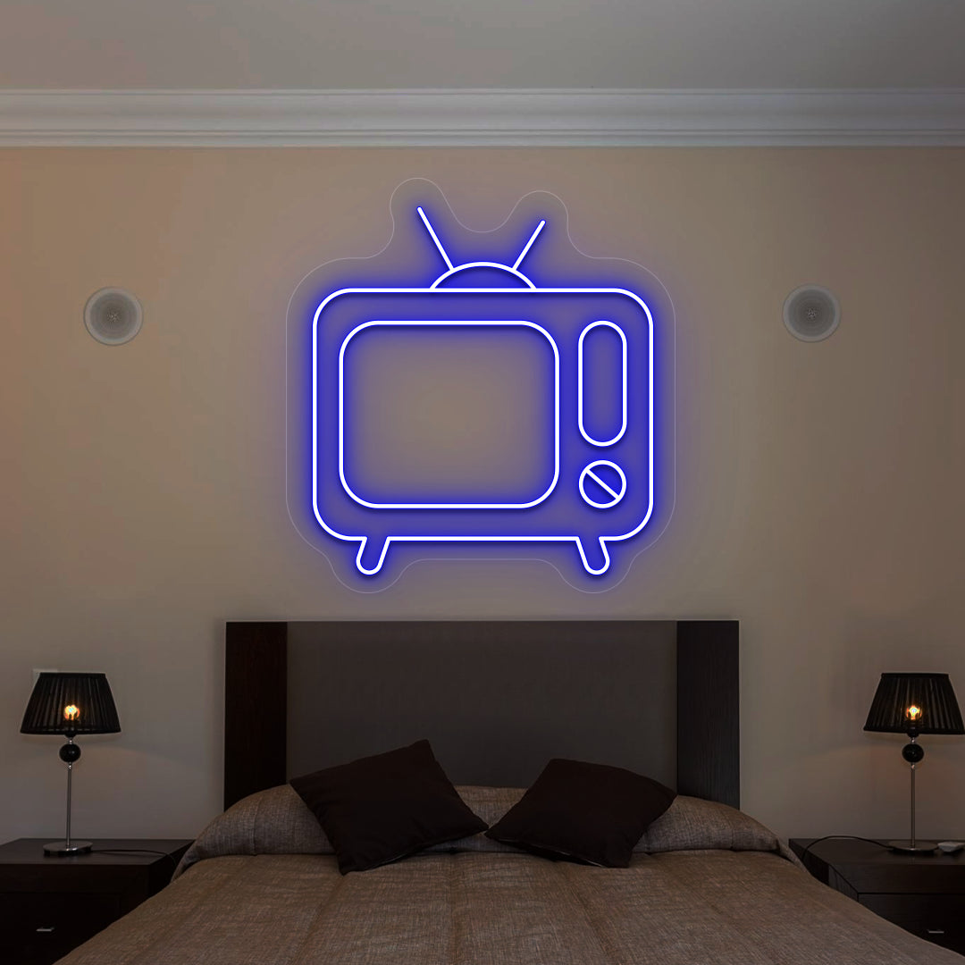 blue retro tv vintage neon sign mounted on a wall