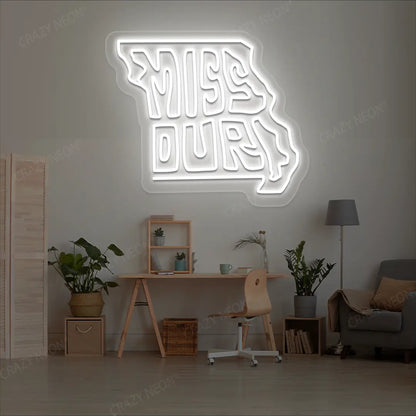 MISSOURI Map Neon Sign lighting up in white color in a room