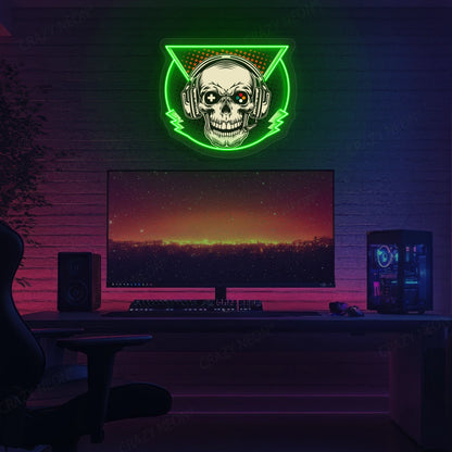 Skull Headphone Gaming Neon Artwork in Green Color