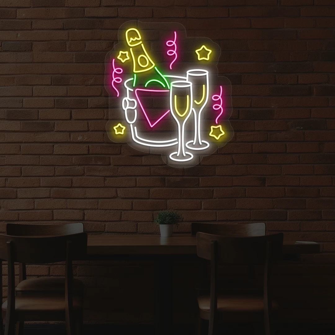 white and multi color wine in ice bucket neon sign mounted on a wall