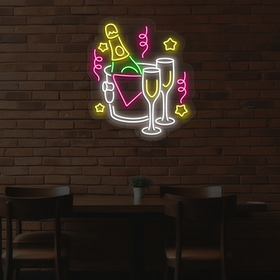 white and multi color wine in ice bucket neon sign mounted on a wall