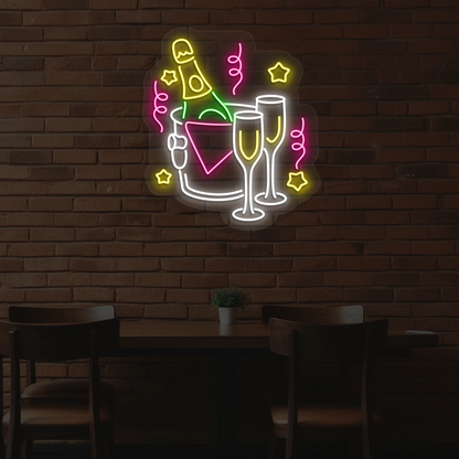white and multi color wine in ice bucket neon sign mounted on a wall
