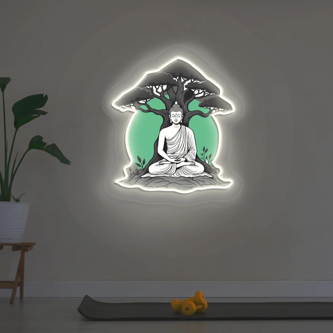 Buddha under Bodhi Neon Artwork lighting up in warmwhite color in room