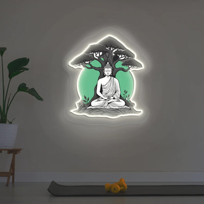 Buddha under Bodhi Neon Artwork lighting up in warmwhite color in room