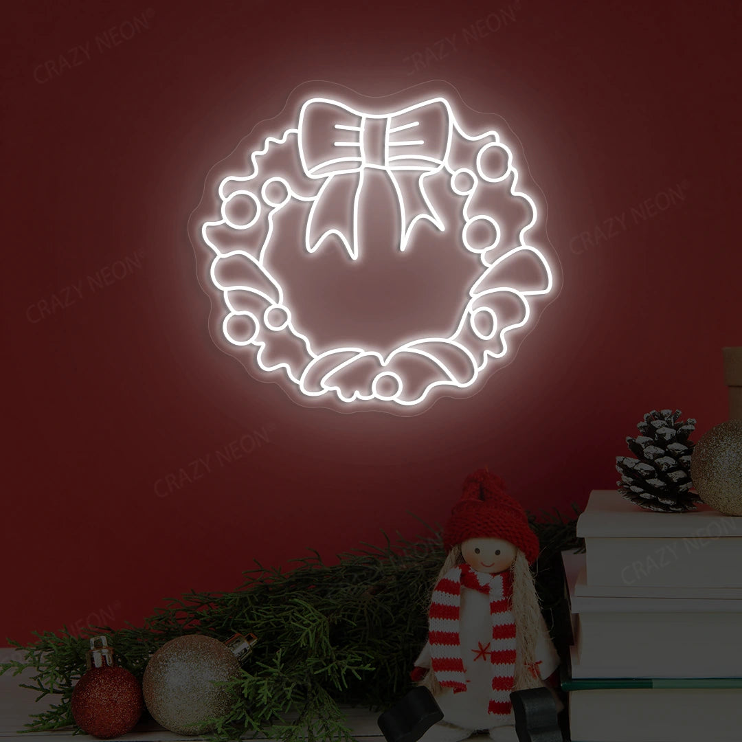 Holiday Bow Wreath Neon Sign | White