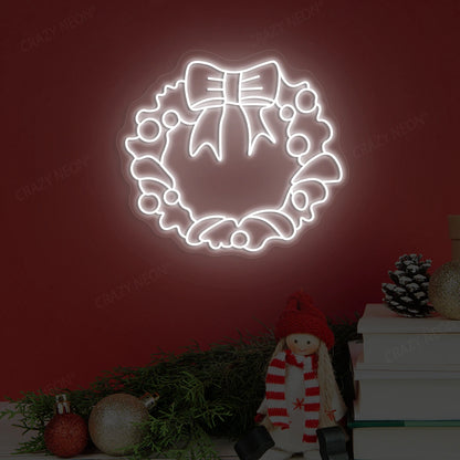 Holiday Bow Wreath Neon Sign | White