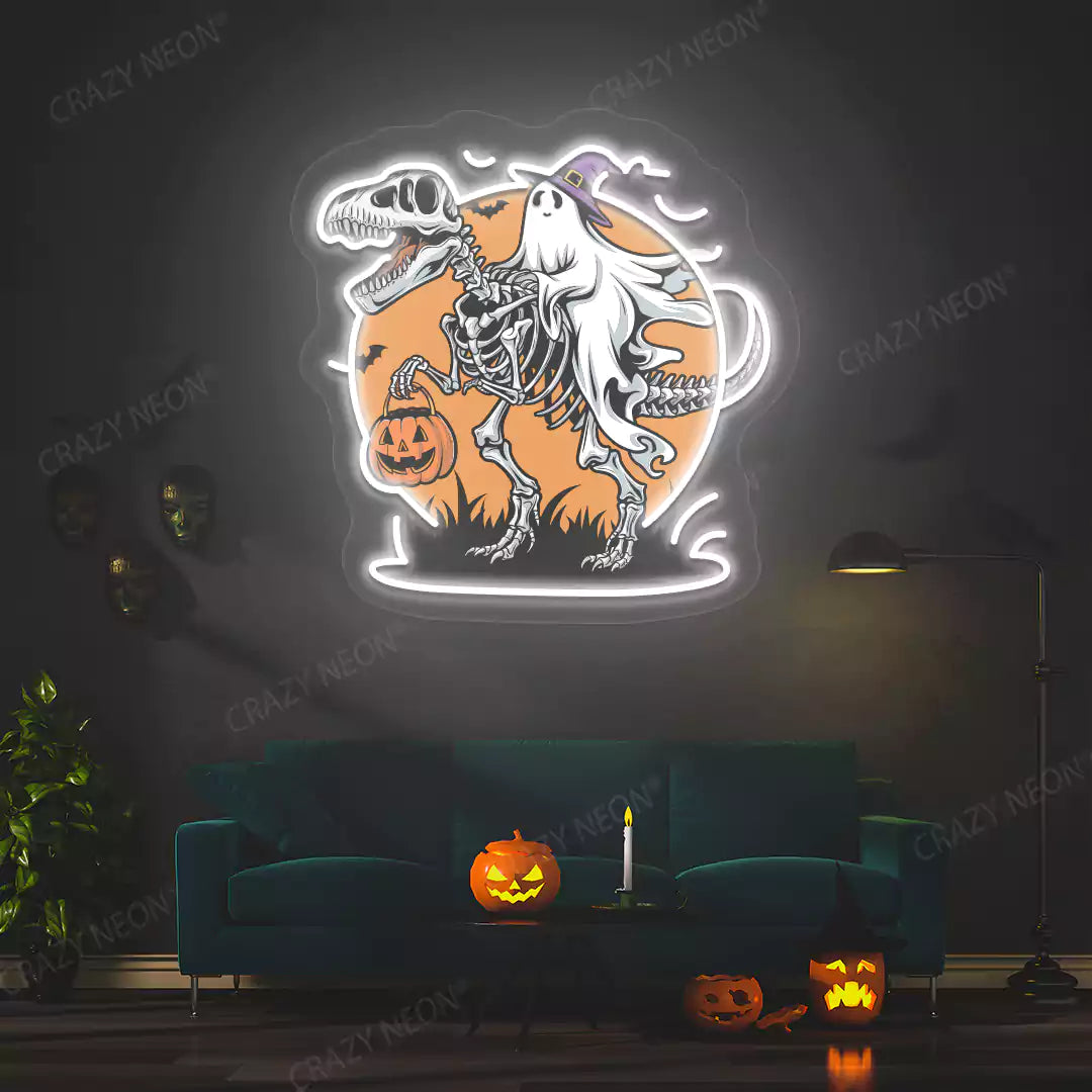 Spooky Dino Rider Neon Artwork | White