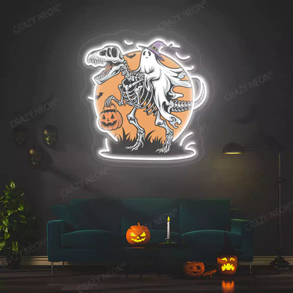 Spooky Dino Rider Neon Artwork | White