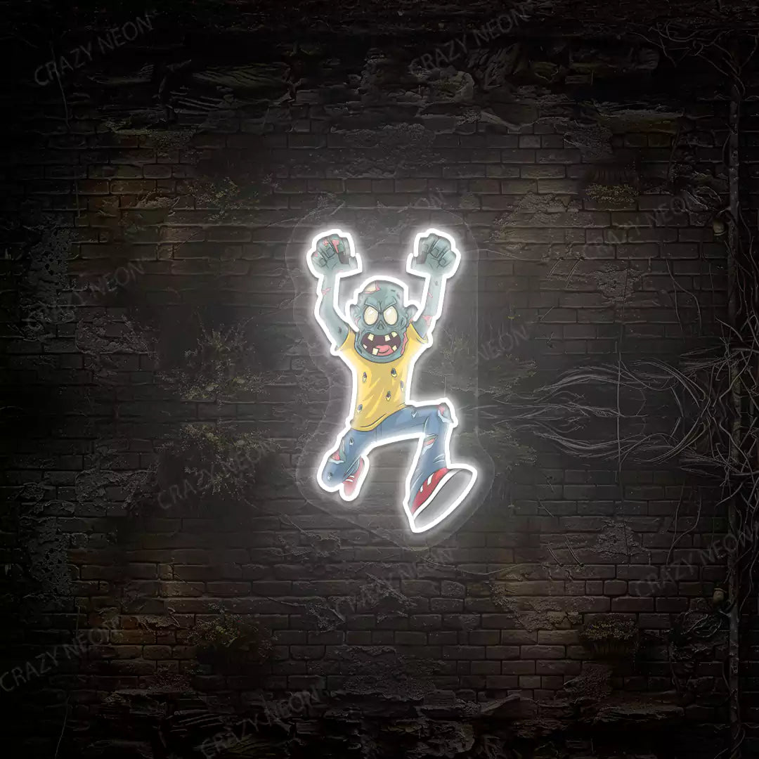 Angry Zombie Attack Neon Artwork | White