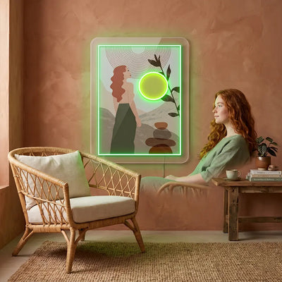 green abstract chic neon artwork mounted on a wall