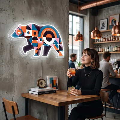 Chroma Bear Abstract Neon Artwork in asthetic cafe