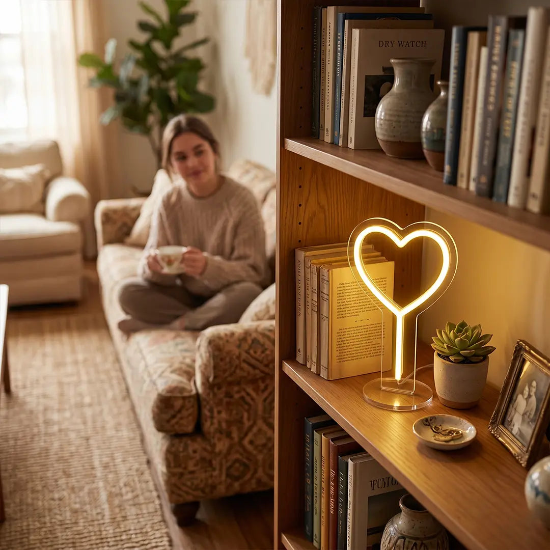 Heart-shaped neon lamp on a cozy bookshelf in a warm living room setting.