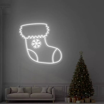 Snowflake Stocking Neon Sign | White