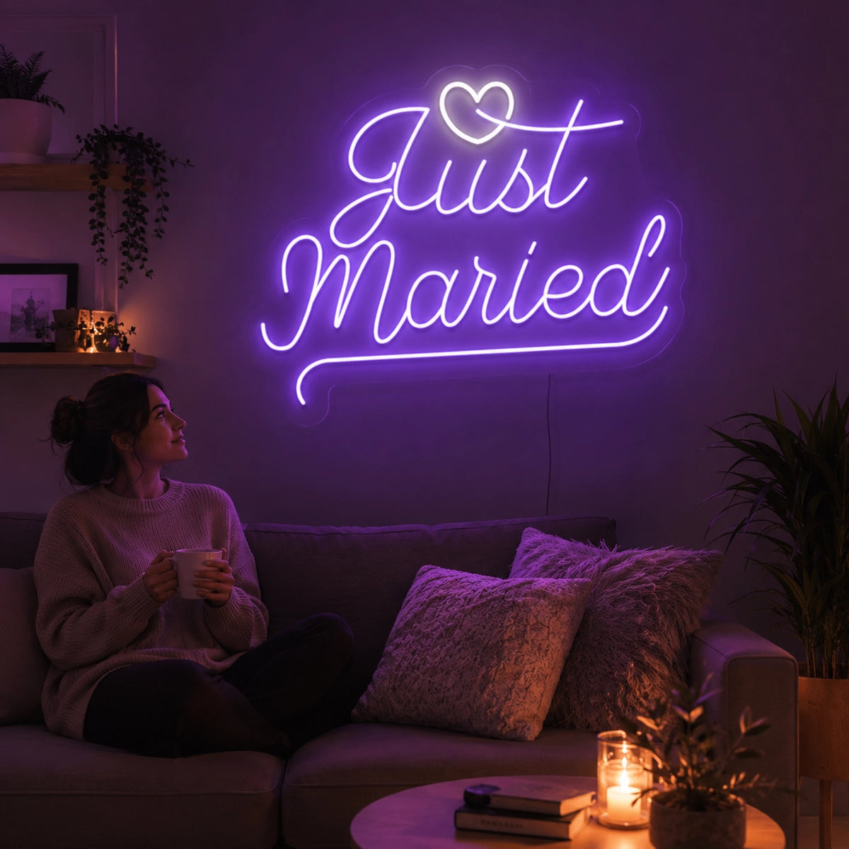 Just Married Vows Wedding Neon Sign in Purple color