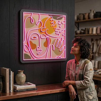 Abstract Face Neon Artwork in Pink Color