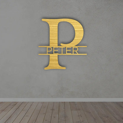 Personalized Metal Monogram Name Sign in Golden colour mounted on wall 
