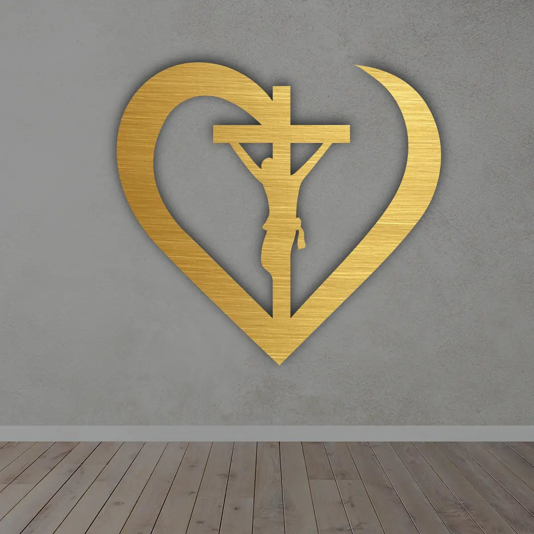 Cross in a Heart Metal Wall Art in golden colour