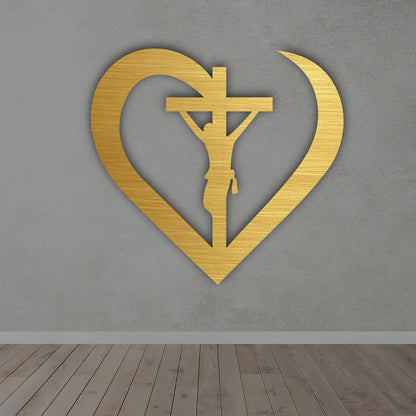 Cross in a Heart Metal Wall Art in golden colour