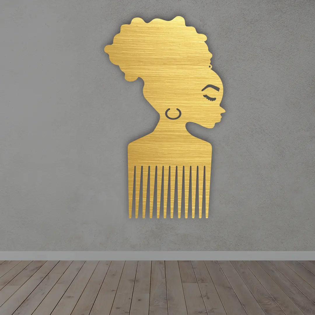 Afro Comb Metal Sign in Golden Finish