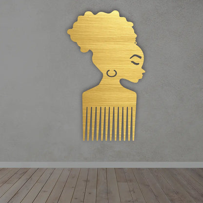 Afro Comb Metal Sign in Golden Finish