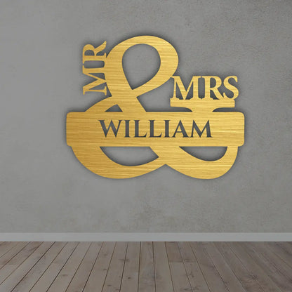 Mr & Mrs Personalized Metal Sign in Golden colour mounted on wall