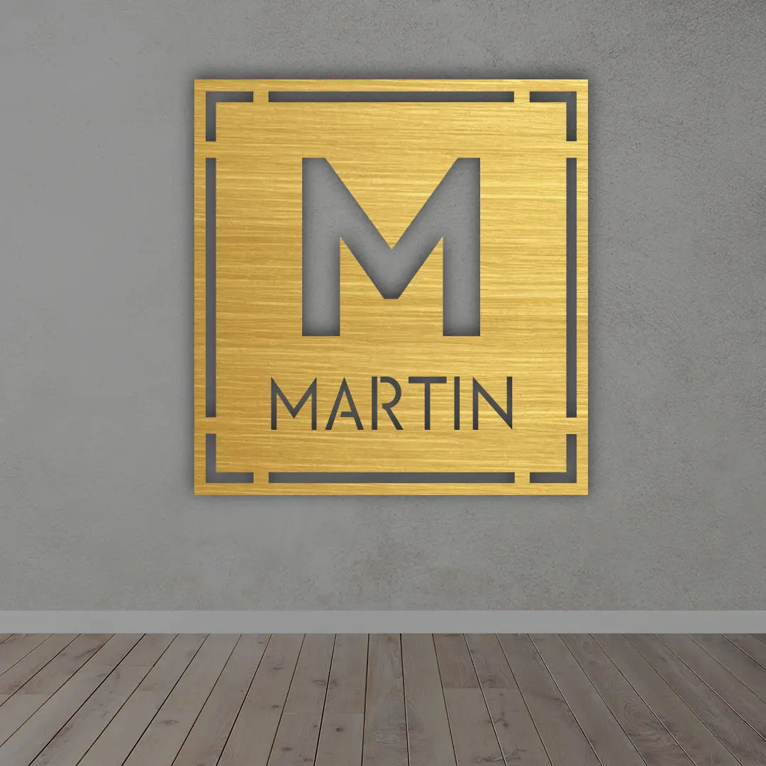 Personalized Last Name Metal Sign in Golden colour mounted on wall 