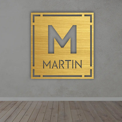 Personalized Last Name Metal Sign in Golden colour mounted on wall 
