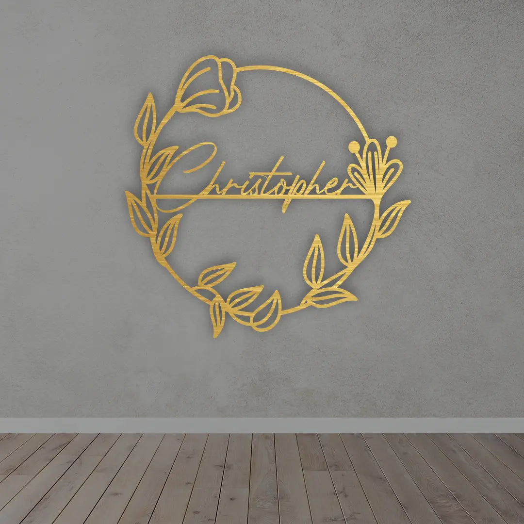 Personalized Floral branch Metal Name Sign in golden colour mounted on wall 