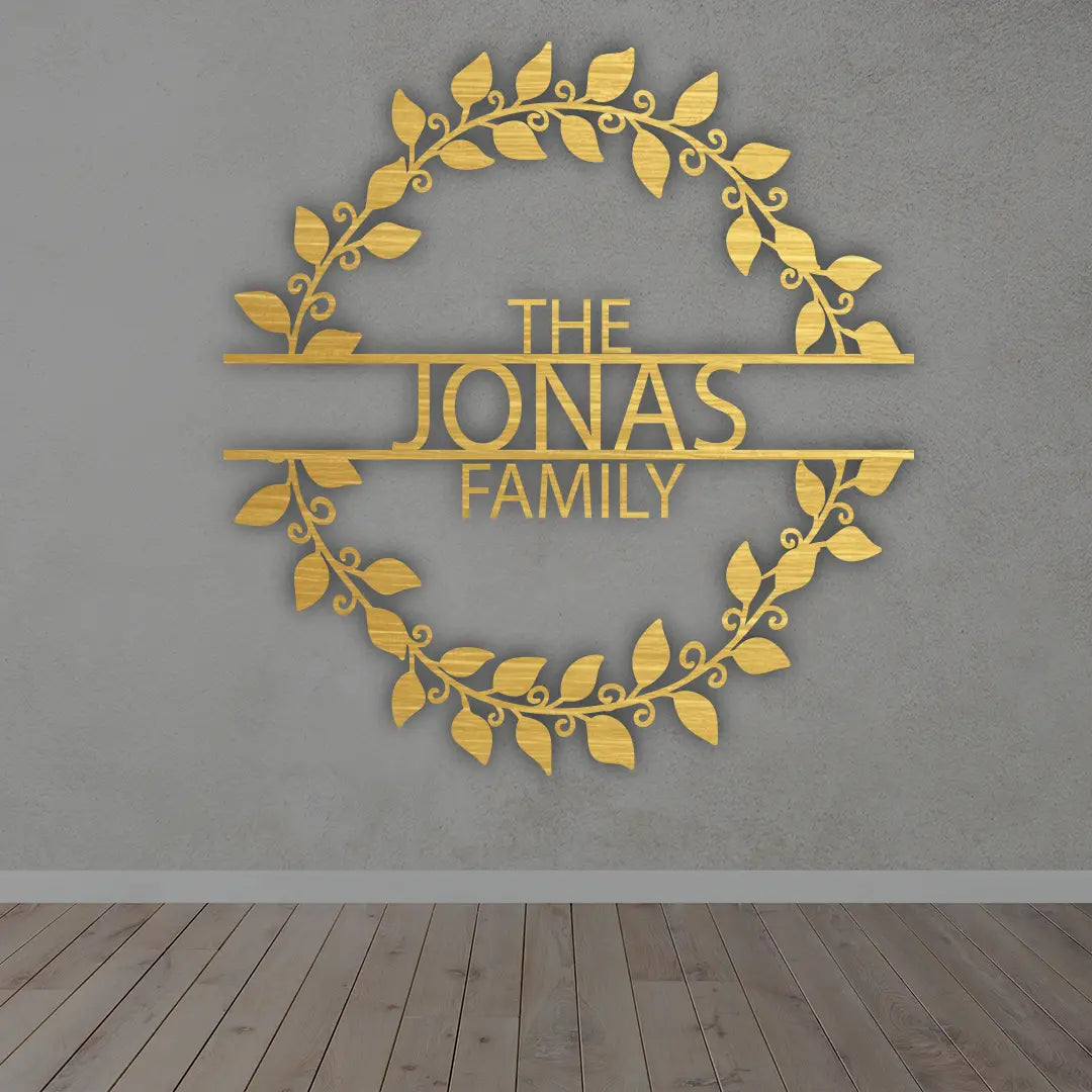 Metal Last Name Sign For Home in Golden colour mounted on wall 