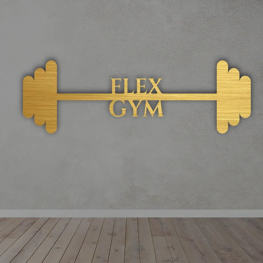 Personalized Barbell Rod Gym Metal Sign in golden colour mounted on wall 