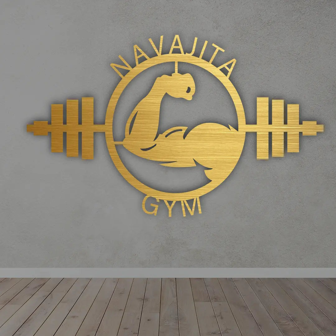 Personalized Muscle Gym Metal Sign in golden colour mounted on wall 
