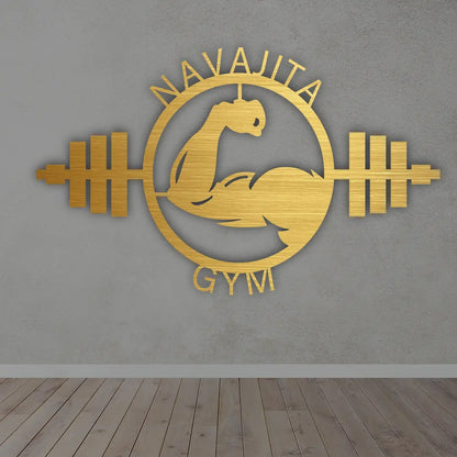 Personalized Muscle Gym Metal Sign in golden colour mounted on wall 