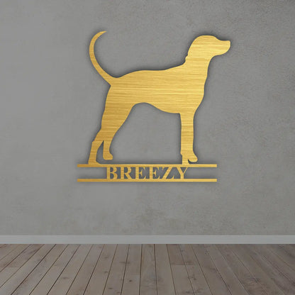 Personalize Dog Metal Sign in Golden colour mounted on wall 