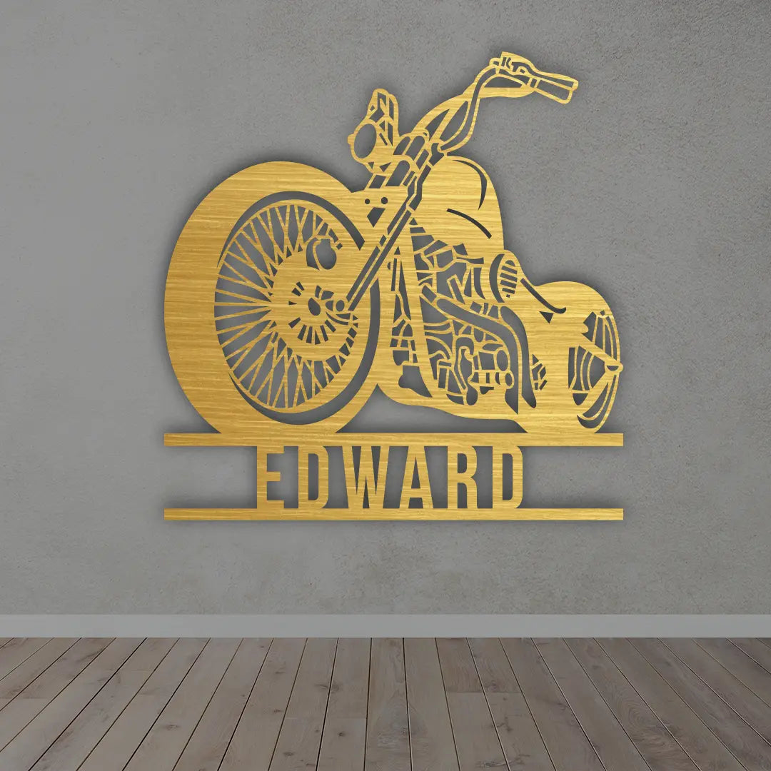 Personalized Motorcycle Metal Sign in Golden colour mounted on wall