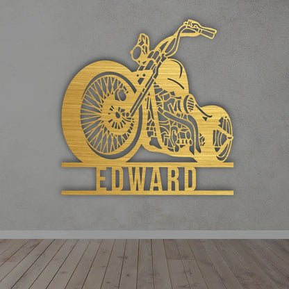 Personalized Motorcycle Metal Sign in Golden colour mounted on wall