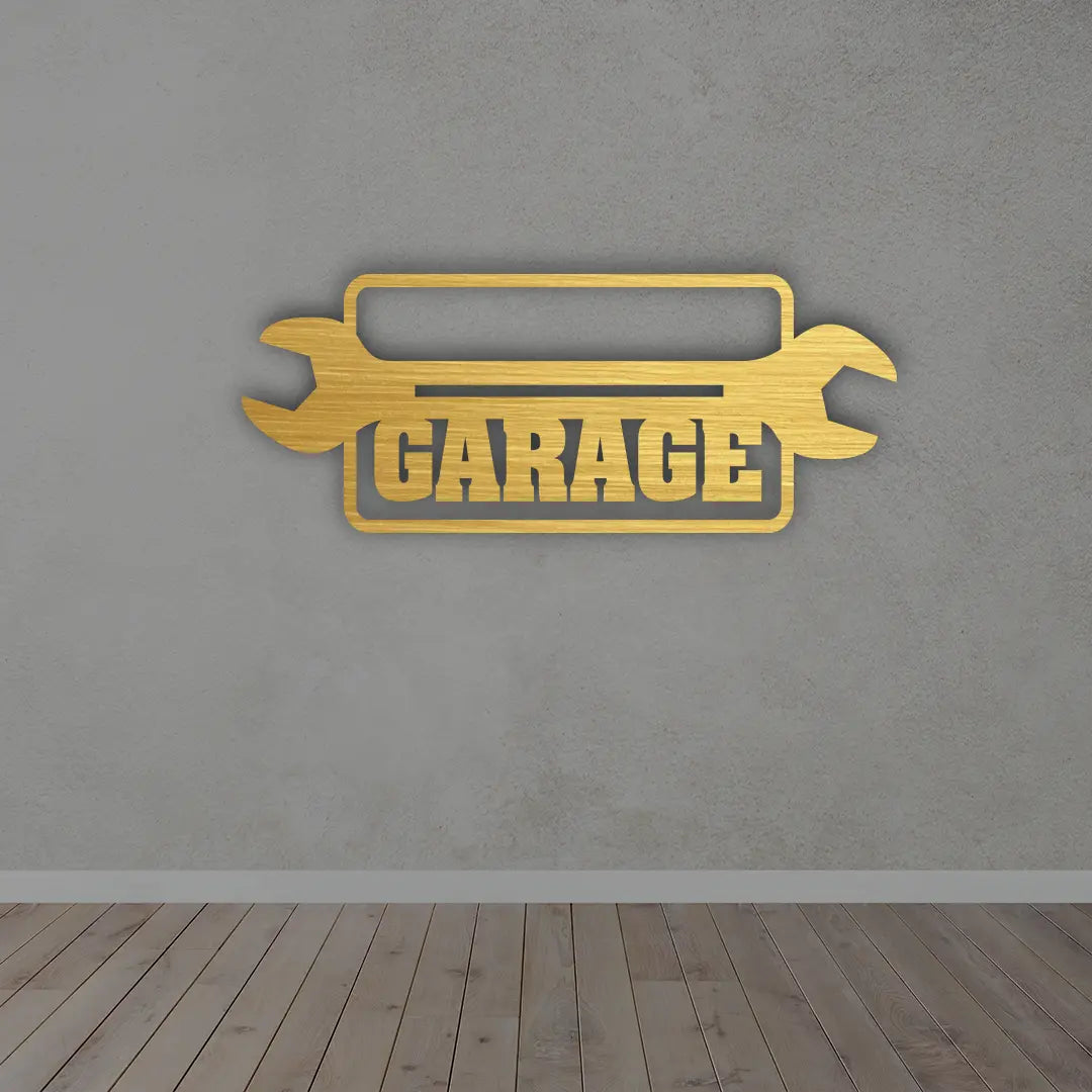 Custom Metal Signs Garage in Golden colour mounted on wall 