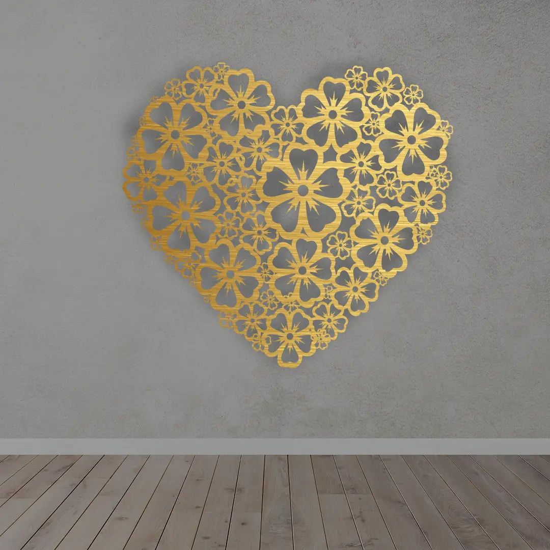Floral Heart Metal Wall Art Sign in golden finish