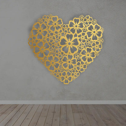 Floral Heart Metal Wall Art Sign in golden finish