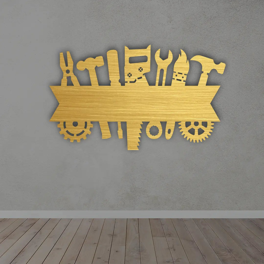 Custom Metal Garage Signs in Golden colour mounted on wall 