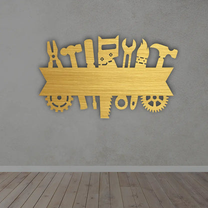 Custom Metal Garage Signs in Golden colour mounted on wall 