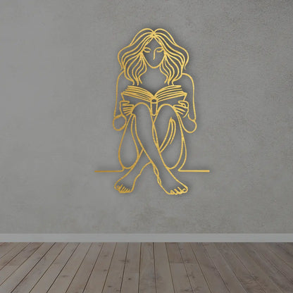 Bookish Girl Minimalist Line Art in Golden Finish