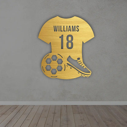Personalized Soccer Jersey Monogram Metal Sign in golden colour mounted on wall