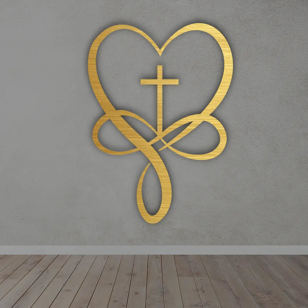 Infinity Cross Heart Metal Wall Art in Golden colour 