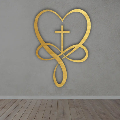 Infinity Cross Heart Metal Wall Art in Golden colour 