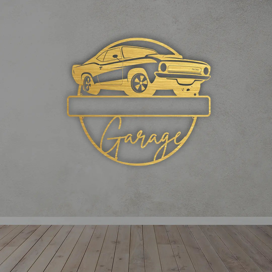 Personalized Metal Garage Sign in Golden colour mounted on a garage door