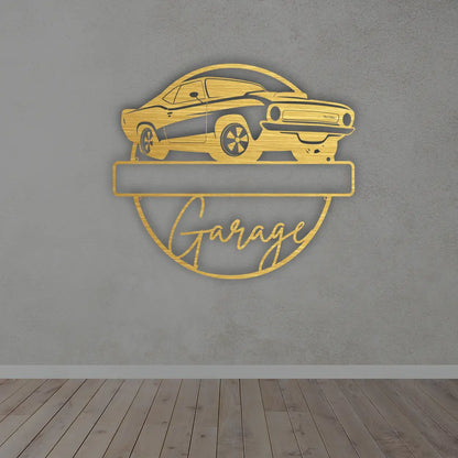 Personalized Metal Garage Sign in Golden colour mounted on a garage door