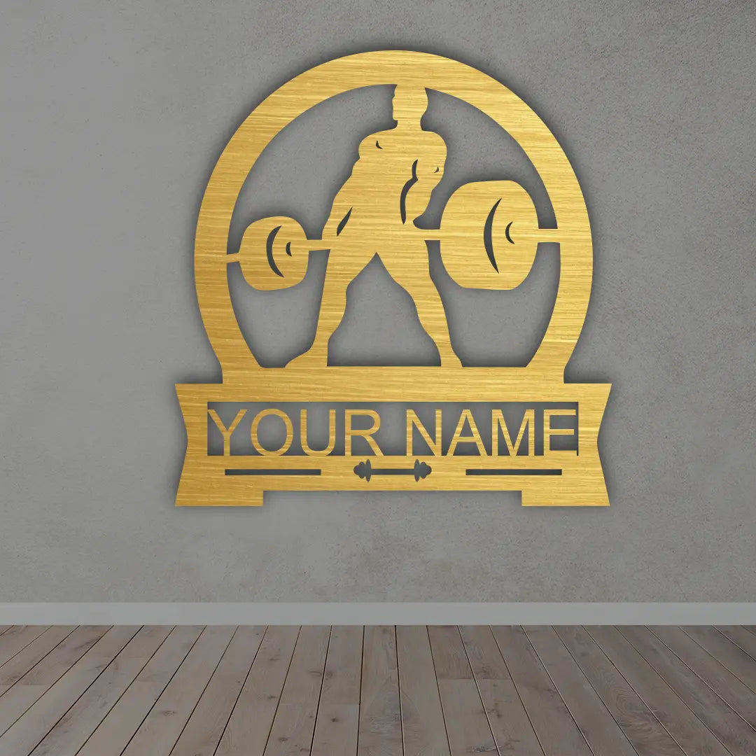 Men's Deadlift Gym Metal Monogram in Golden Colour mounted on wall 