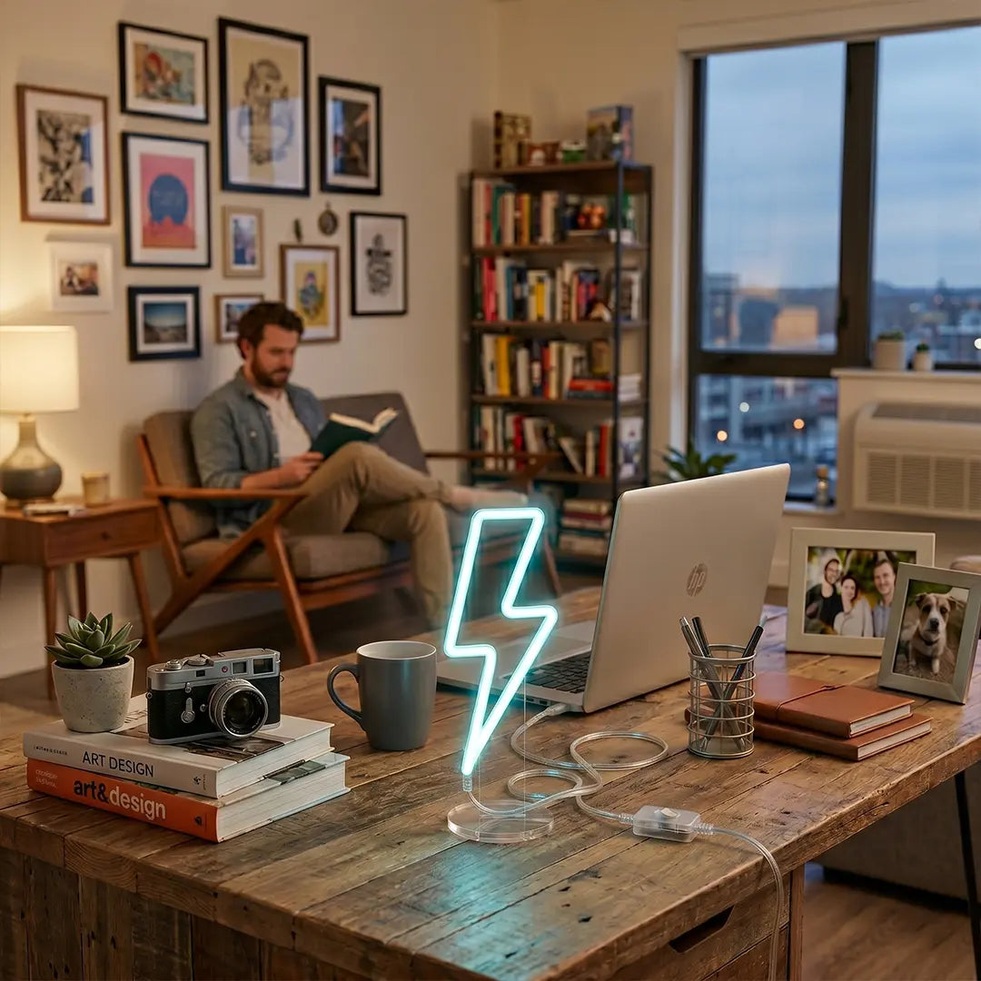 Lightning bolt neon lamp on a rustic desk beside a laptop, adding a modern glow to a cozy home office and living space.