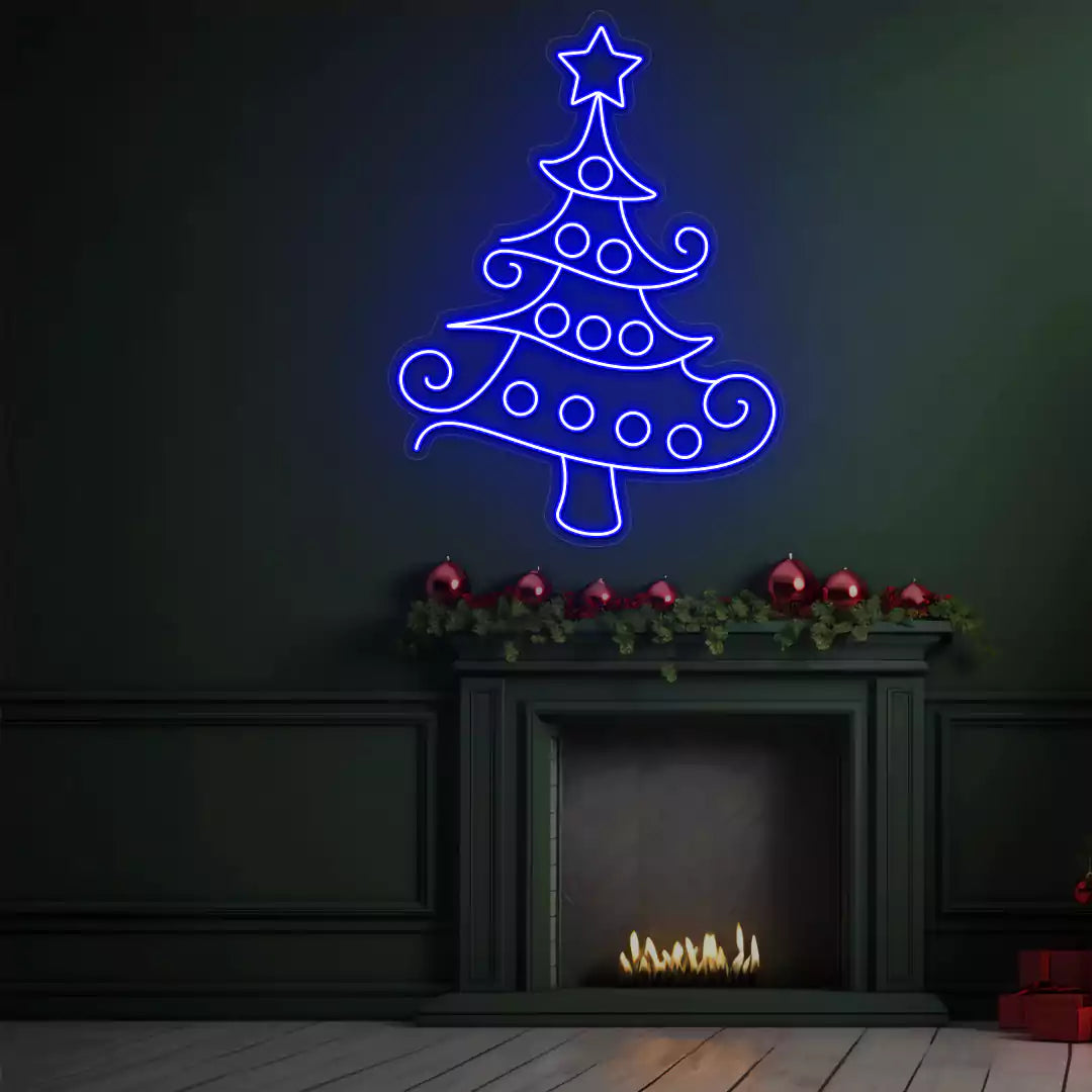 Whimsical Swirl Christmas Tree Neon Sign | Blue