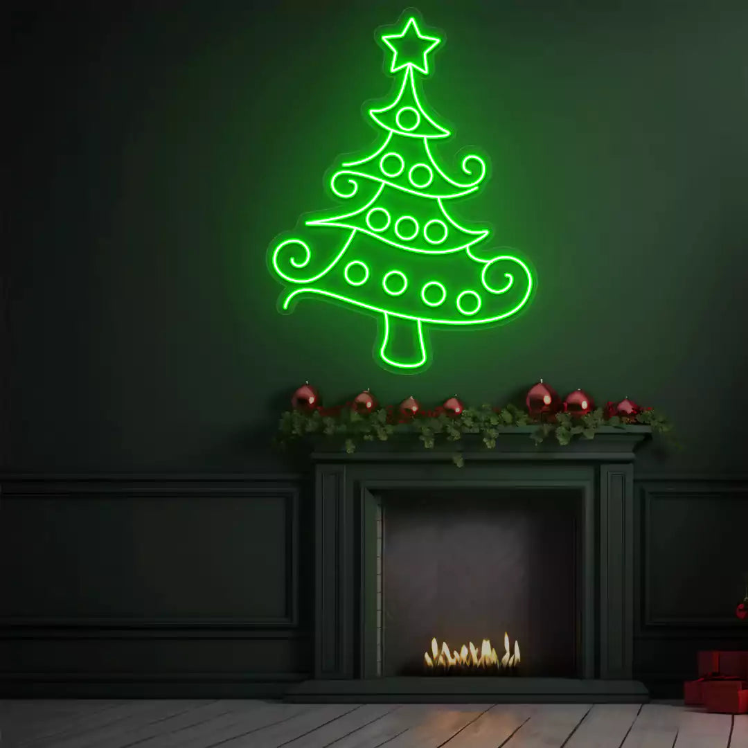 Whimsical Swirl Christmas Tree Neon Sign | Green